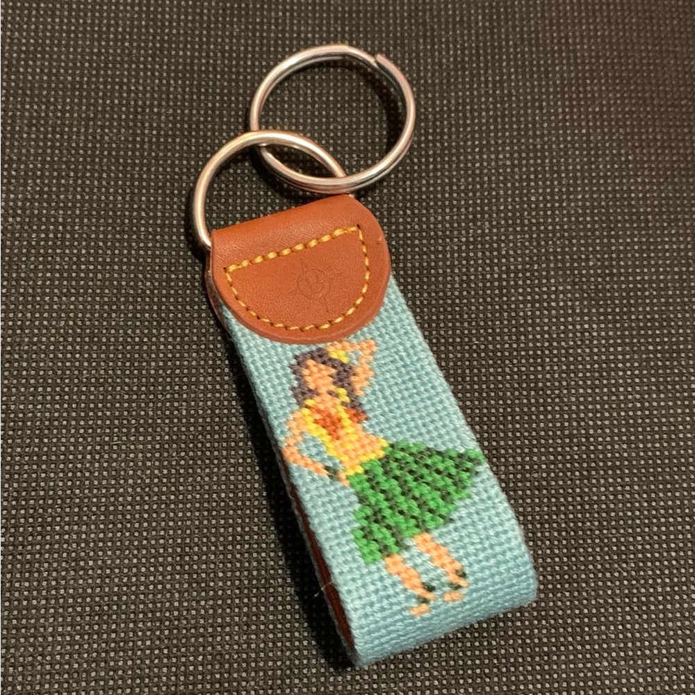 Hula dancer cross-stitch key chain with Leather Detail